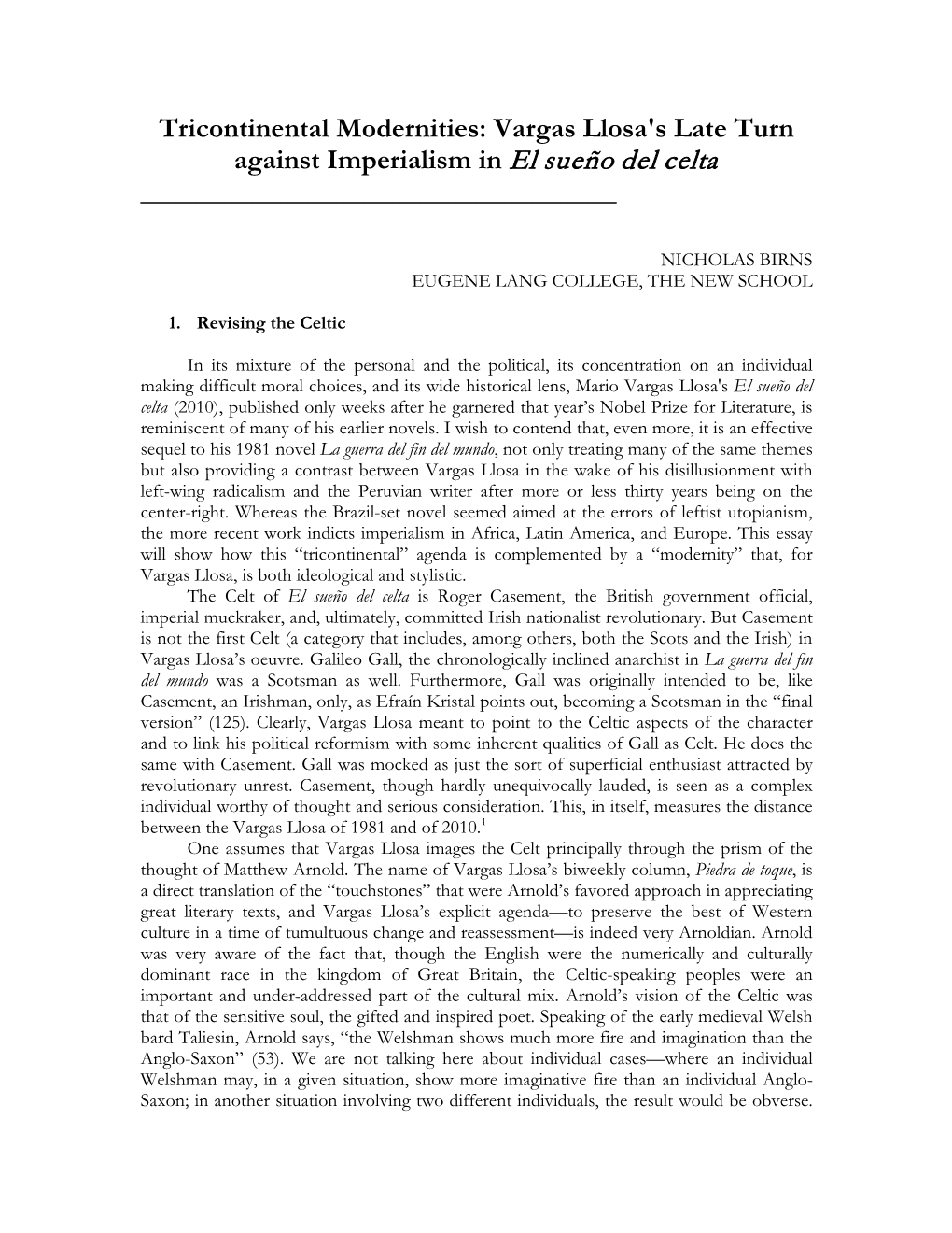 Tricontinental Modernities: Vargas Llosa's Late Turn Against Imperialism in El Sueño Del Celta ______