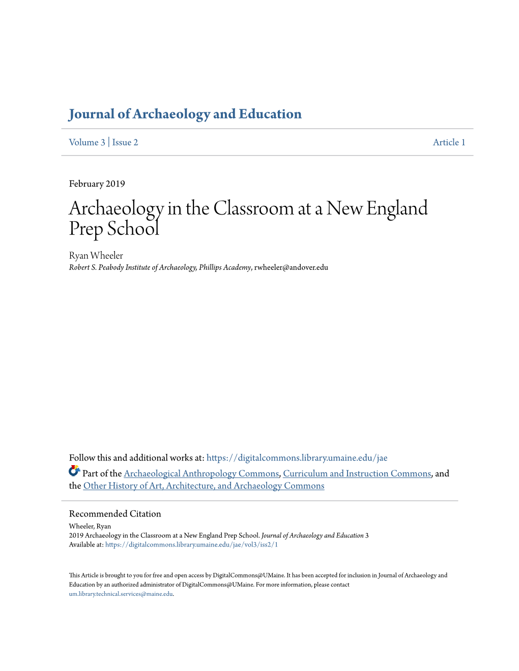 Archaeology in the Classroom at a New England Prep School Ryan Wheeler Robert S