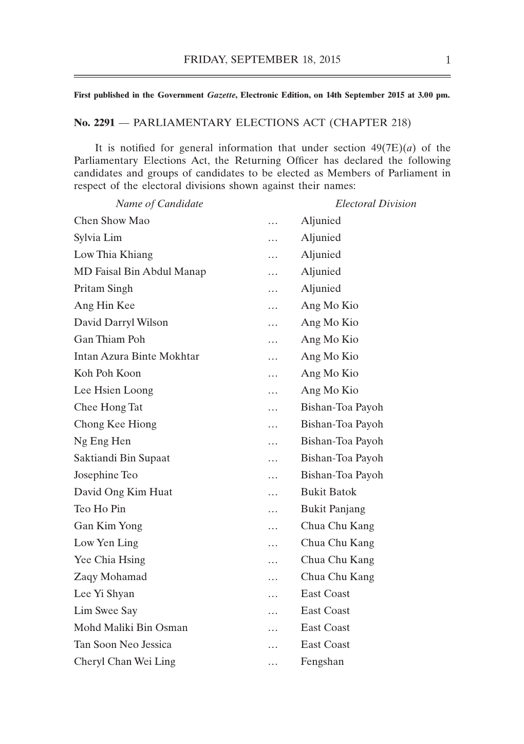 FRIDAY, SEPTEMBER 18, 2015 1 No. 2291 –– PARLIAMENTARY ELECTIONS