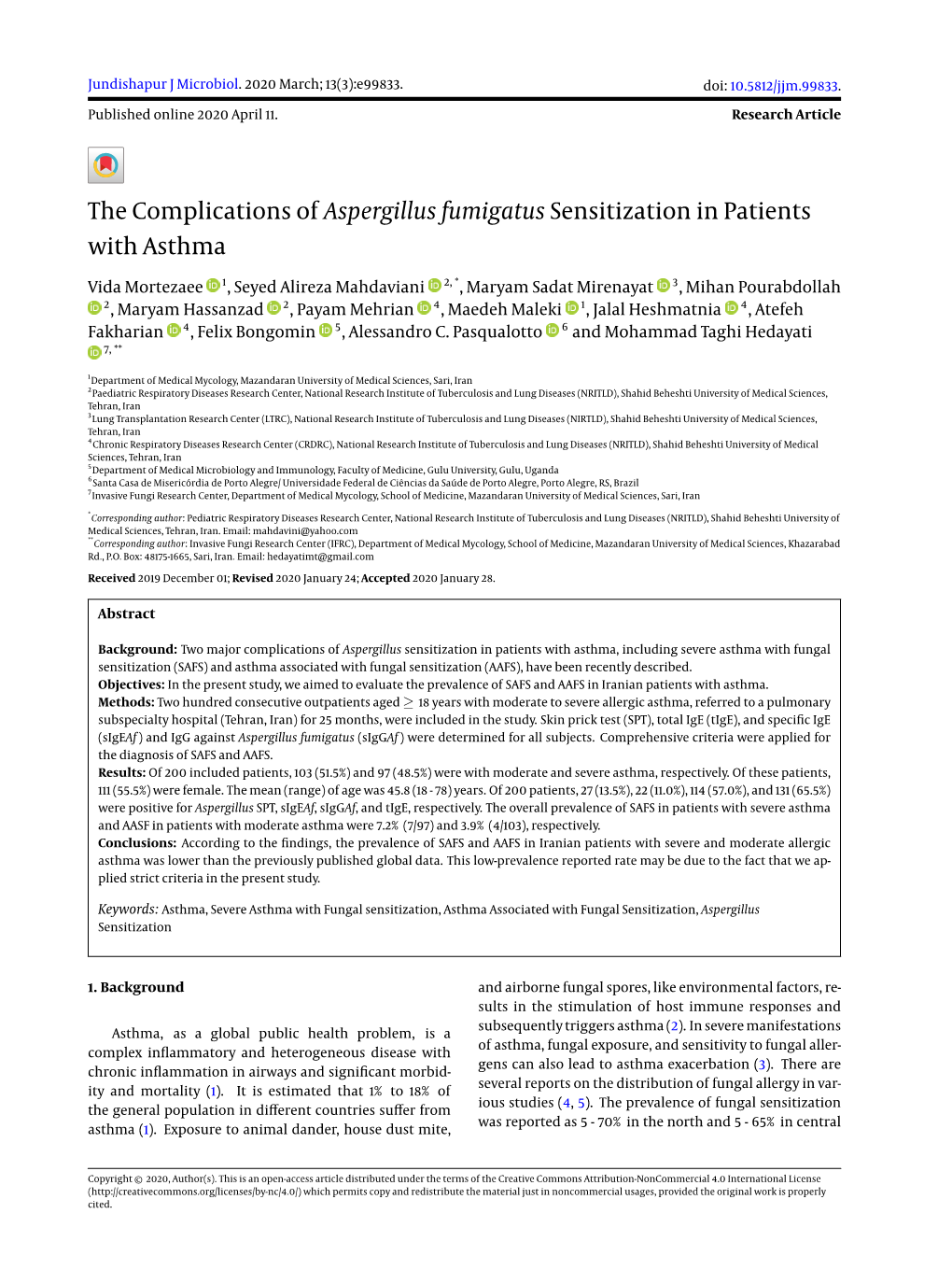 The Complications of Aspergillus Fumigatus Sensitization in Patients with Asthma