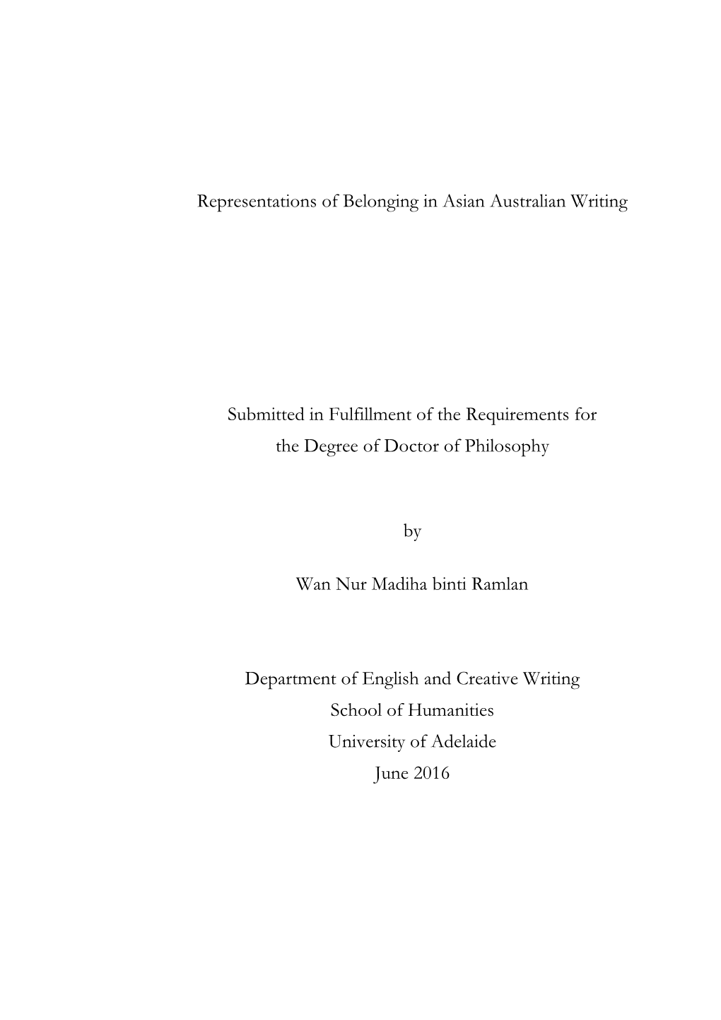 Representations of Belonging in Asian Australian Writing