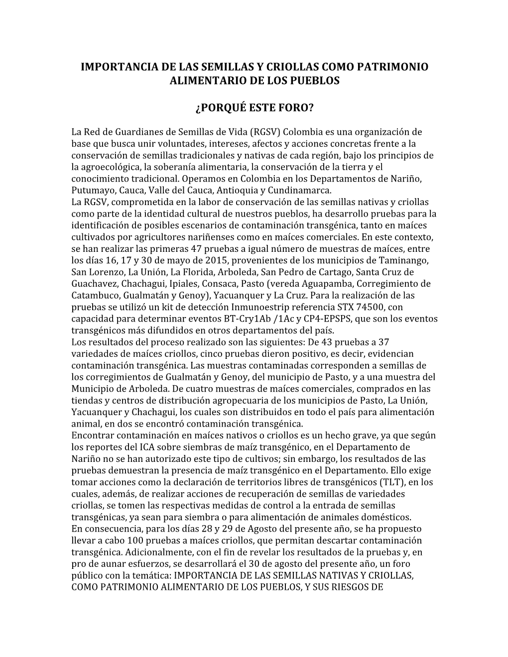 Importancia De Las Semillas Y Criollas Como Patrimonio Alimentario De Los Pueblos