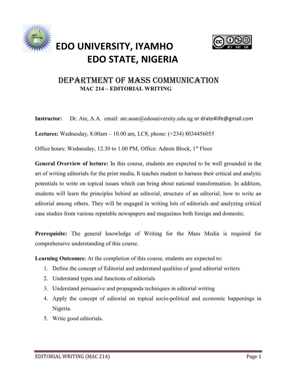 Edo University, Iyamho Edo State, Nigeria
