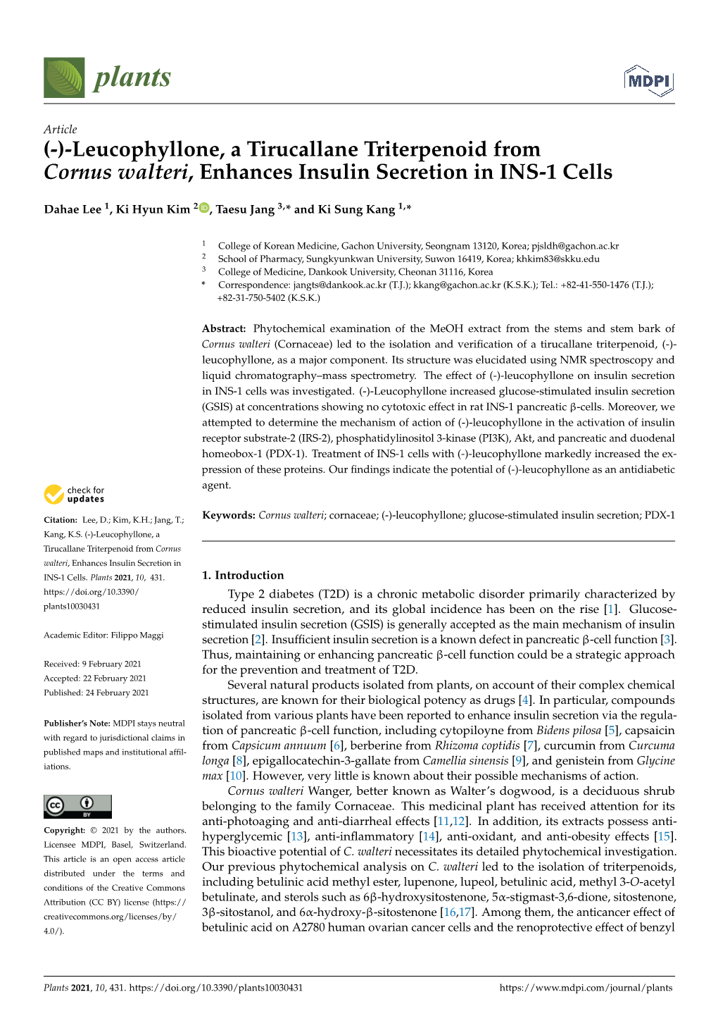 (-)-Leucophyllone, a Tirucallane Triterpenoid from Cornus Walteri, Enhances Insulin Secretion in INS-1 Cells