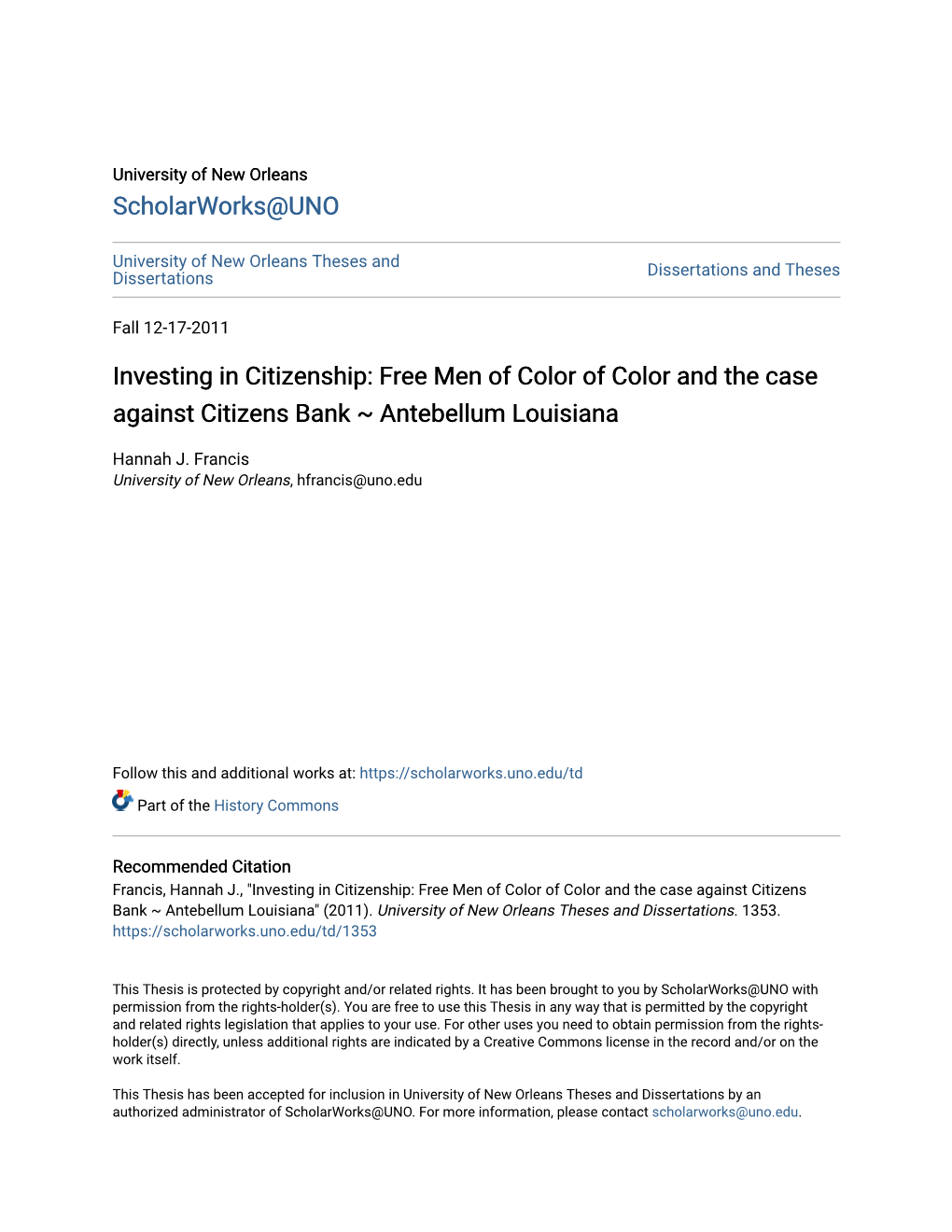 Investing in Citizenship: Free Men of Color of Color and the Case Against Citizens Bank ~ Antebellum Louisiana