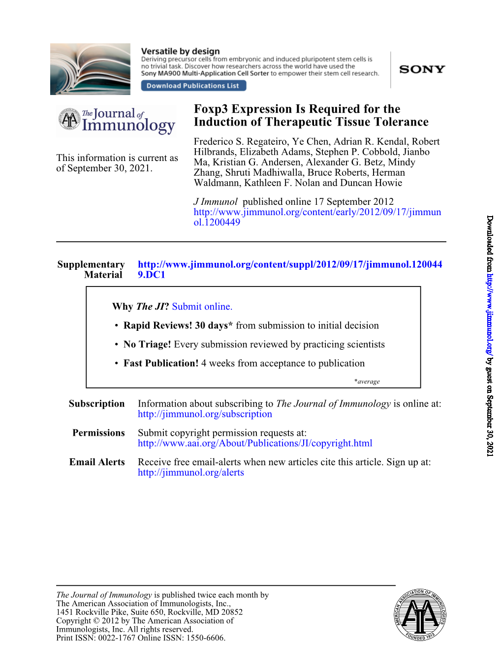 Induction of Therapeutic Tissue Tolerance Foxp3 Expression Is