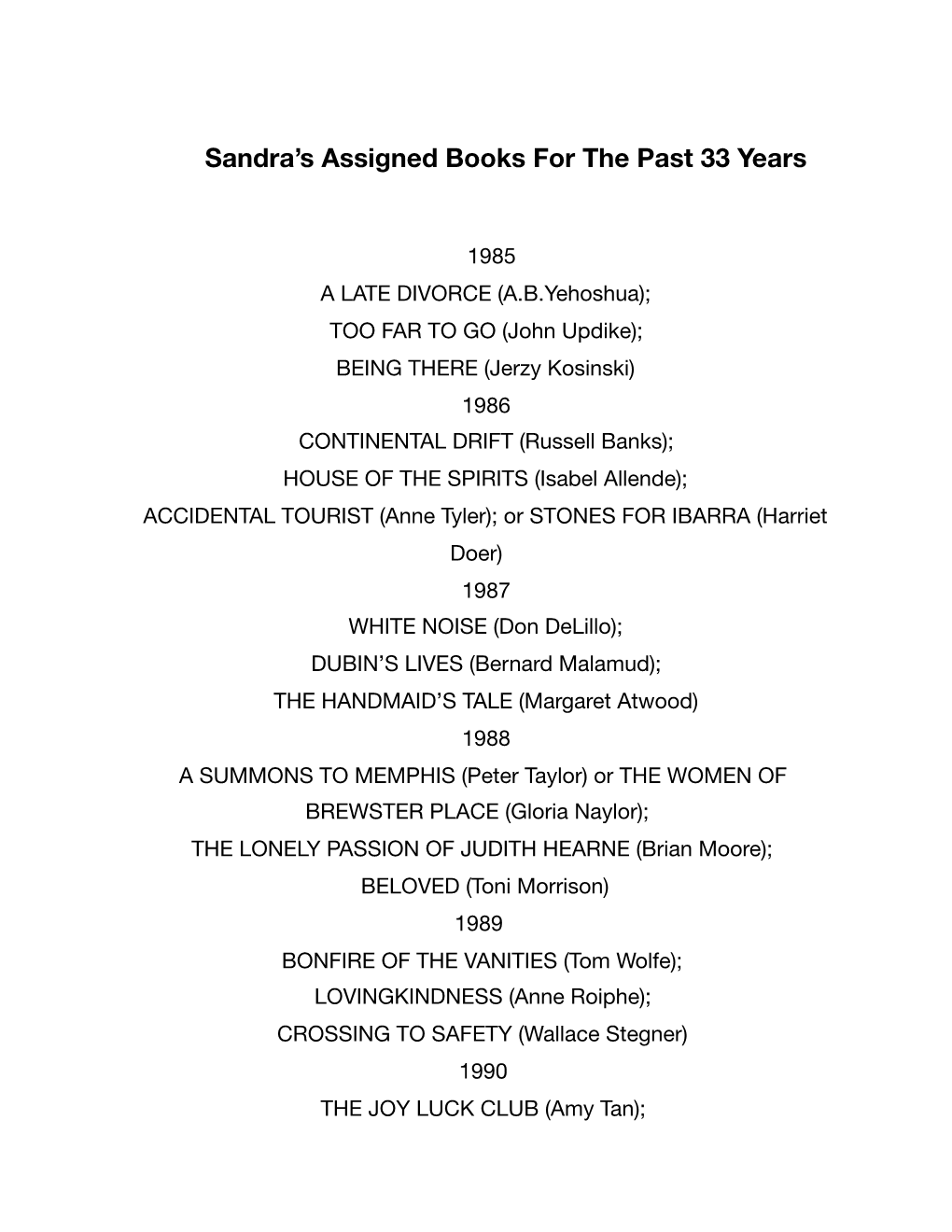 Sandra's Assigned Books