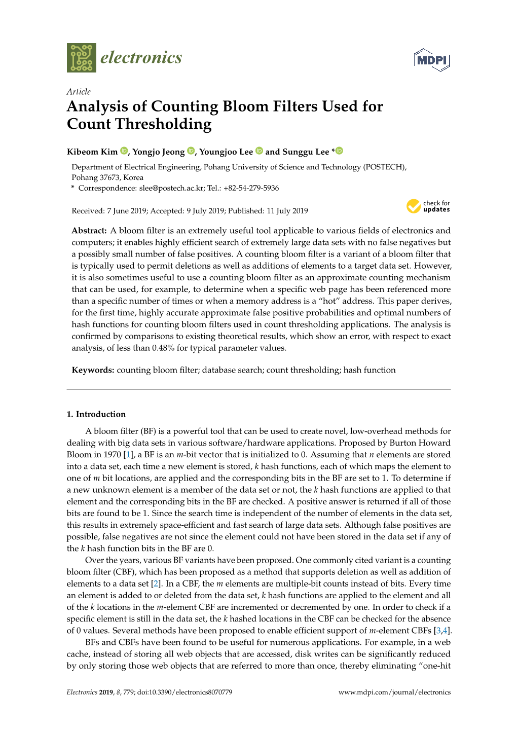 Analysis of Counting Bloom Filters Used for Count Thresholding