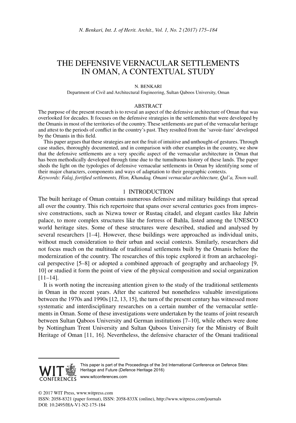 The Defensive Vernacular Settlements in Oman, a Contextual Study