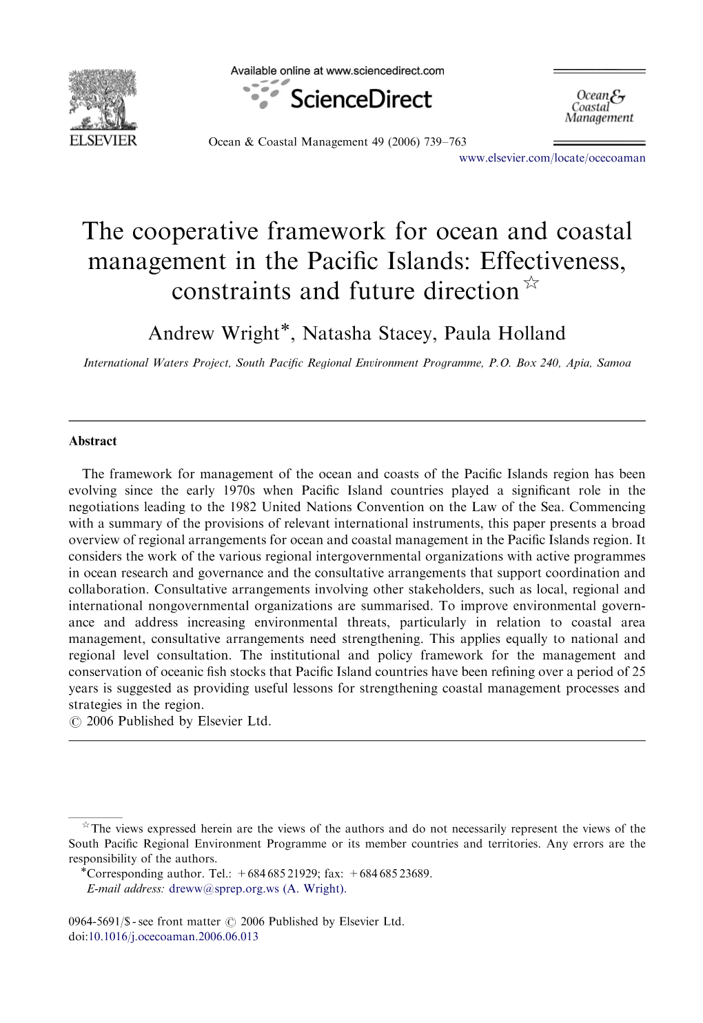 The Cooperative Framework for Ocean and Coastal Management in the Paciﬁc Islands: Effectiveness, Constraints and Future Direction$