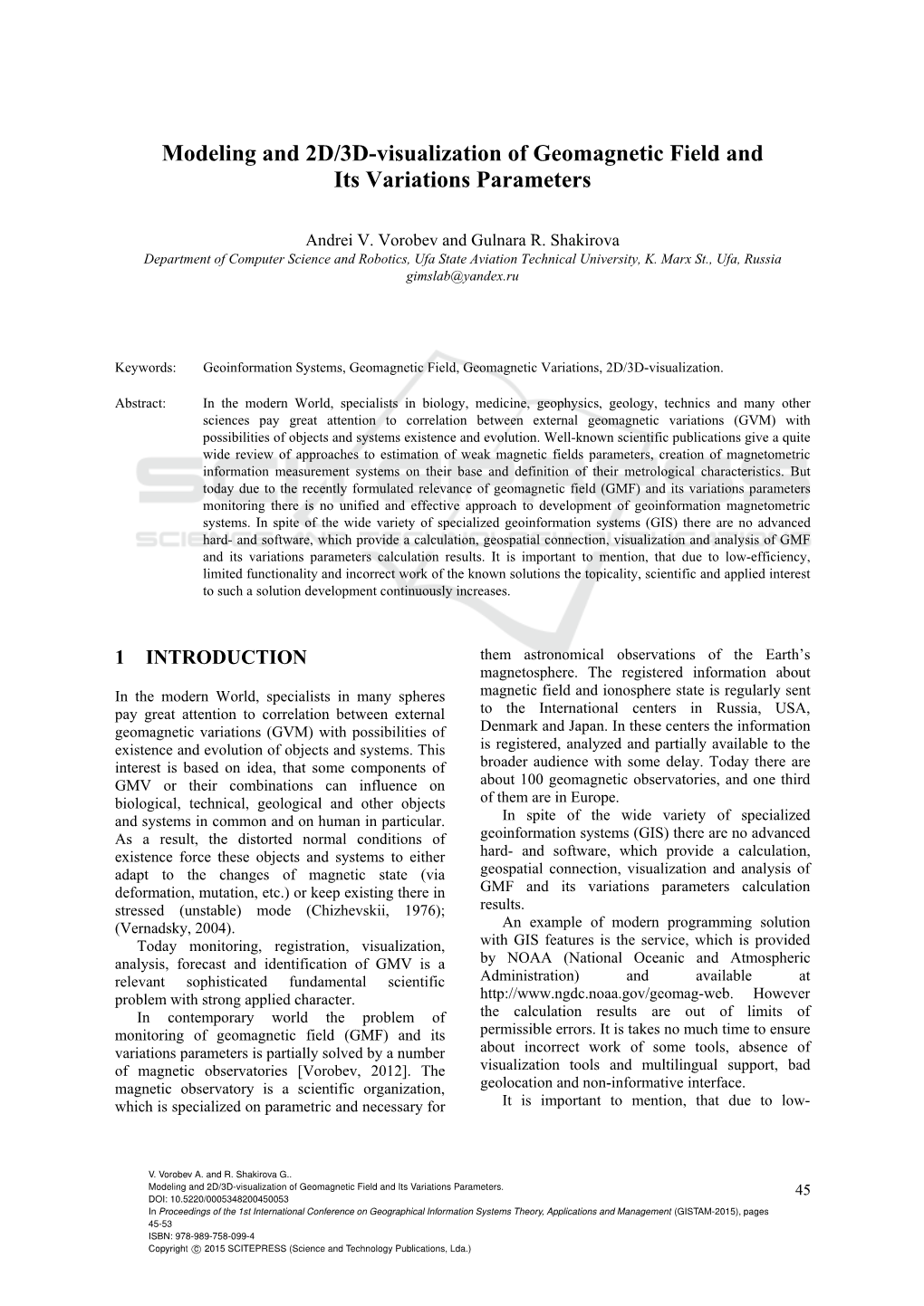 Modeling and 2D/3D-Visualization of Geomagnetic Field and Its Variations Parameters