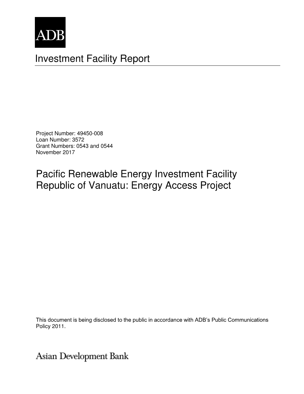 Report and Recommendation of the President to the Board of Directors: Pacific Renewable Energy Financing Facility