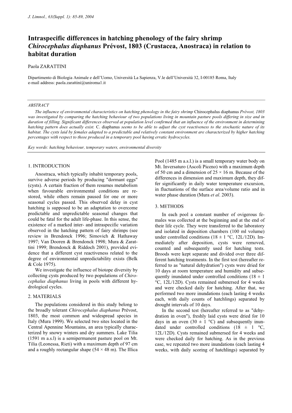 Intraspecific Differences in Hatching Phenology of the Fairy Shrimp Chirocephalus Diaphanus Prévost, 1803 (Crustacea, Anostraca) in Relation to Habitat Duration