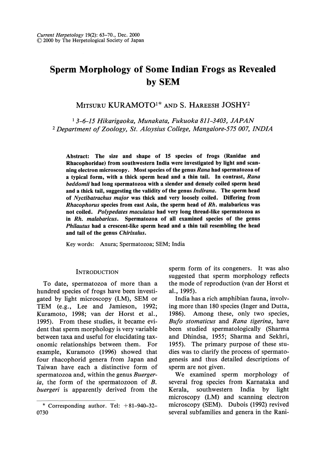 Sperm Morphology of Some Indian Frogs As Revealed by SEM