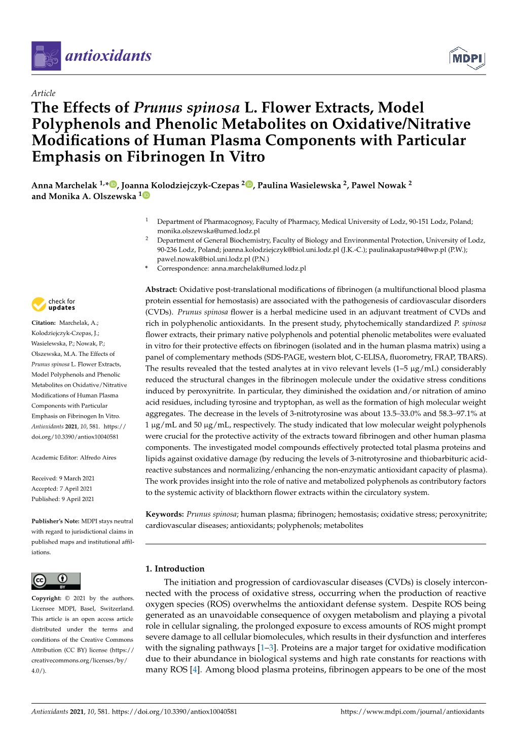 The Effects of Prunus Spinosa L. Flower Extracts, Model