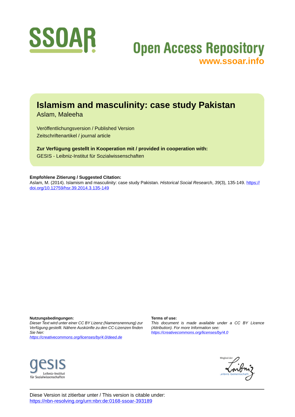 Islamism and Masculinity: Case Study Pakistan Aslam, Maleeha