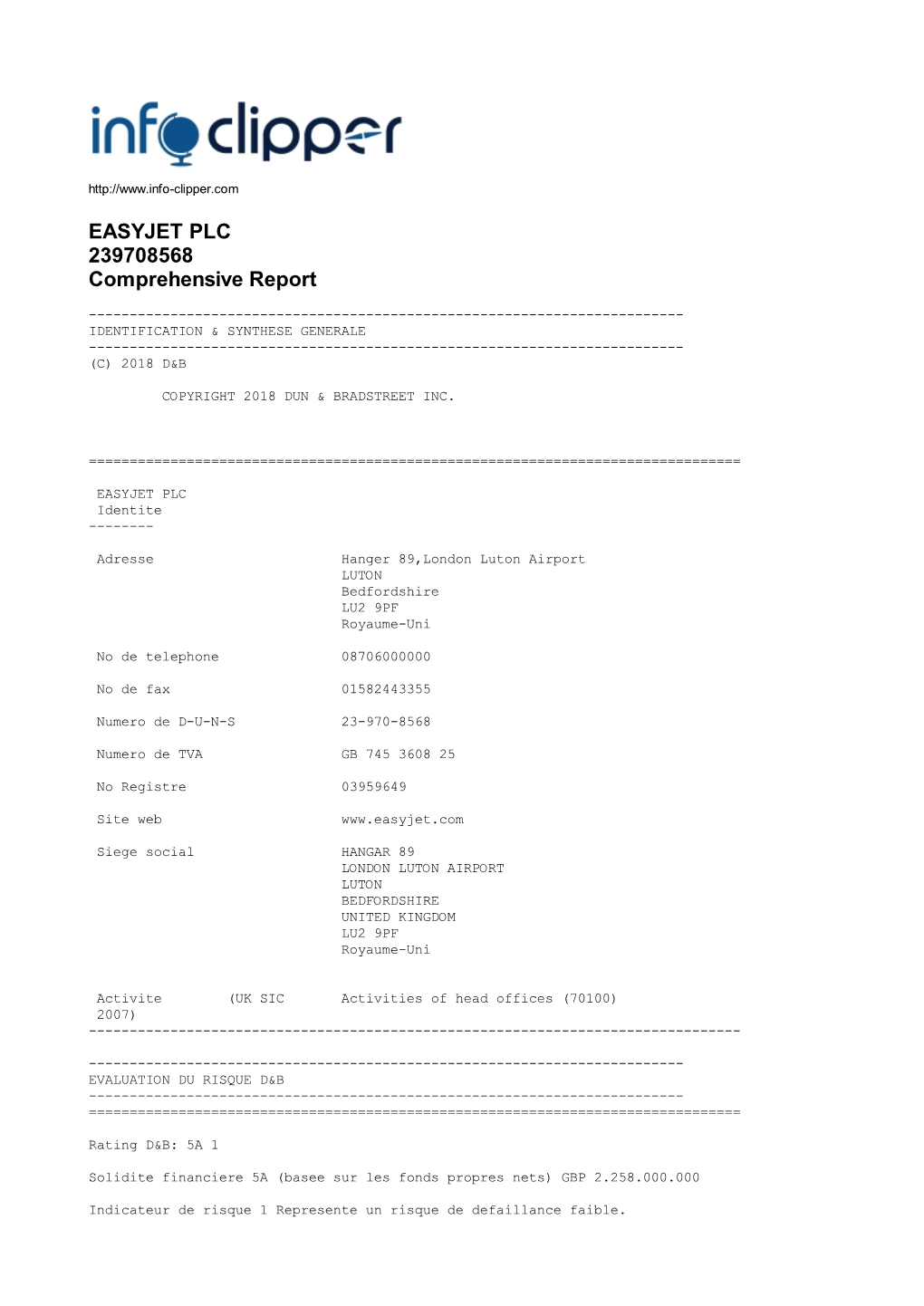 EASYJET PLC 239708568 Comprehensive Report