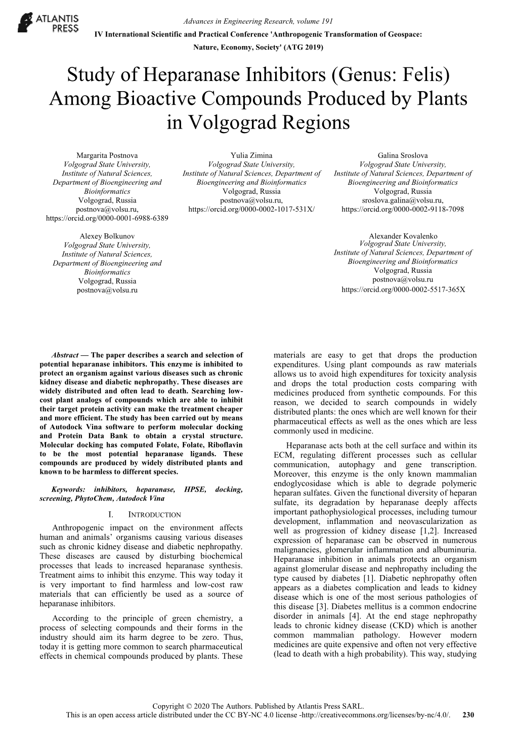 Study of Heparanase Inhibitors (Genus: Felis) Among Bioactive Compounds Produced by Plants in Volgograd Regions