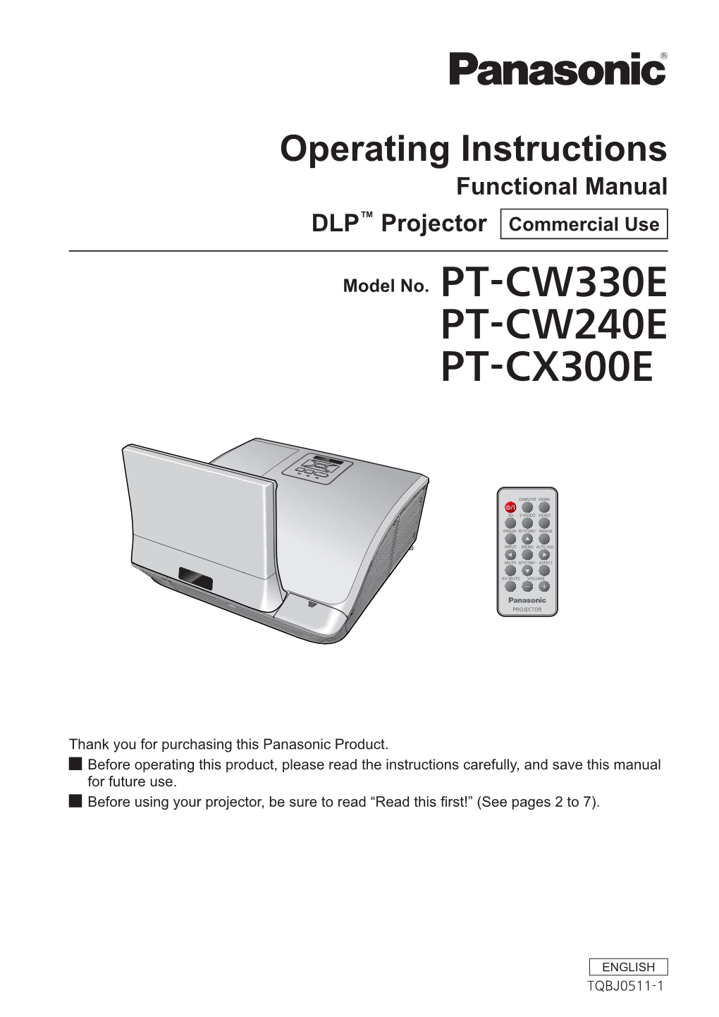 Download User Manual for Panasonic PT-CW330U Ultra-Short Throw 1-Chip DLP PTCW330U