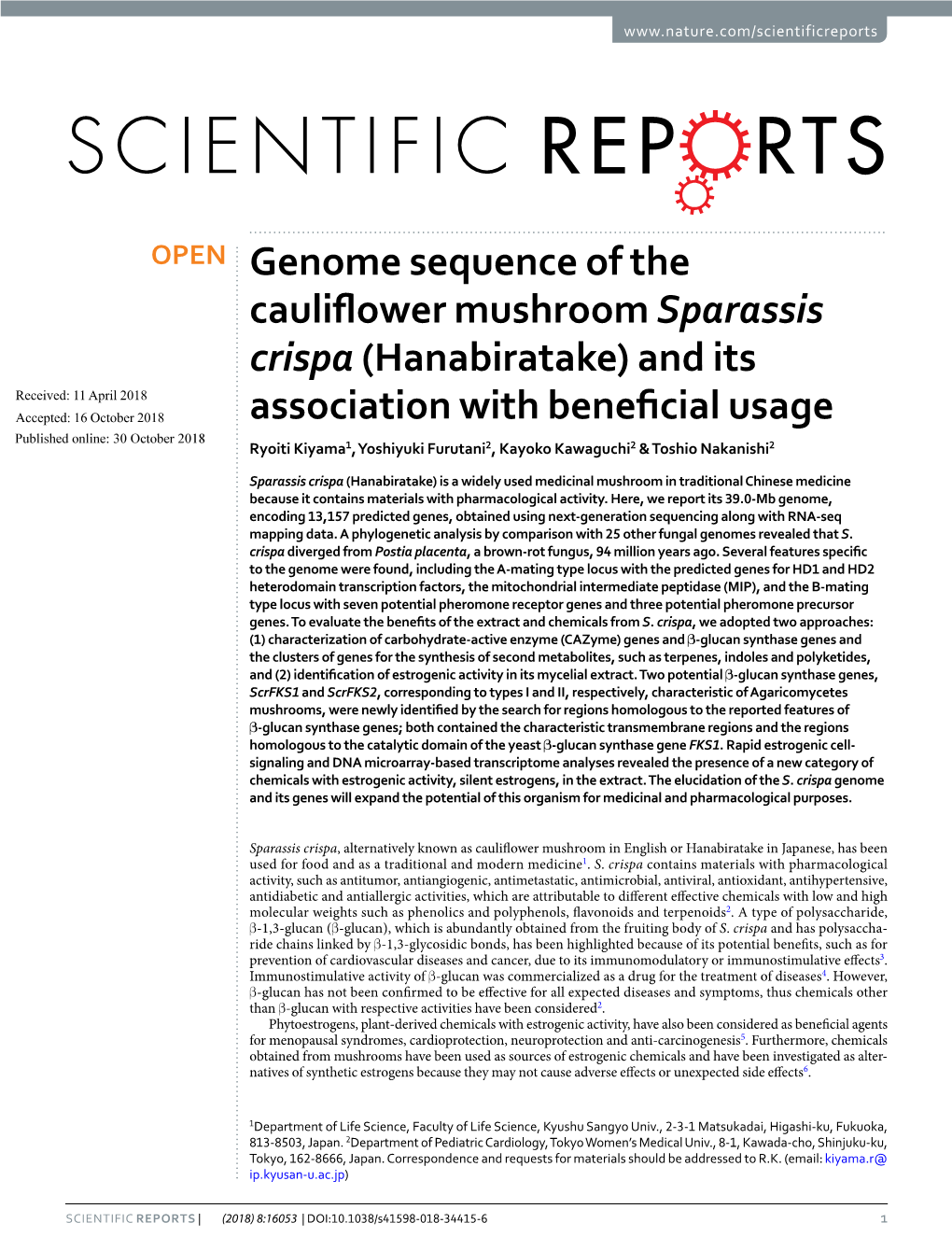 Genome Sequence of the Cauliflower Mushroom Sparassis Crispa