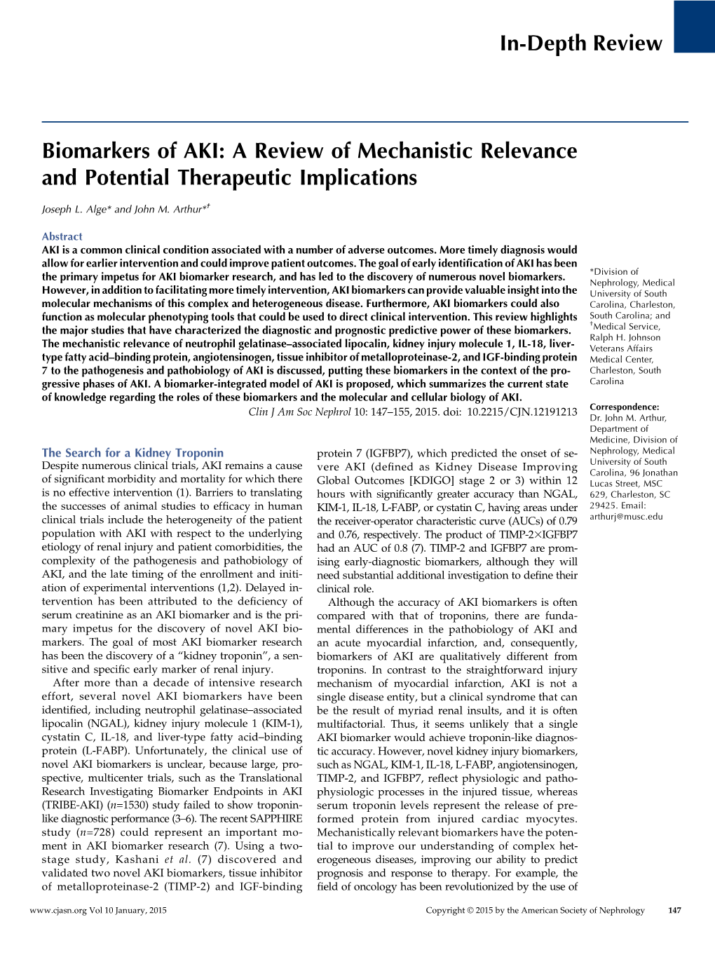 In-Depth Review Biomarkers of AKI: a Review of Mechanistic Relevance