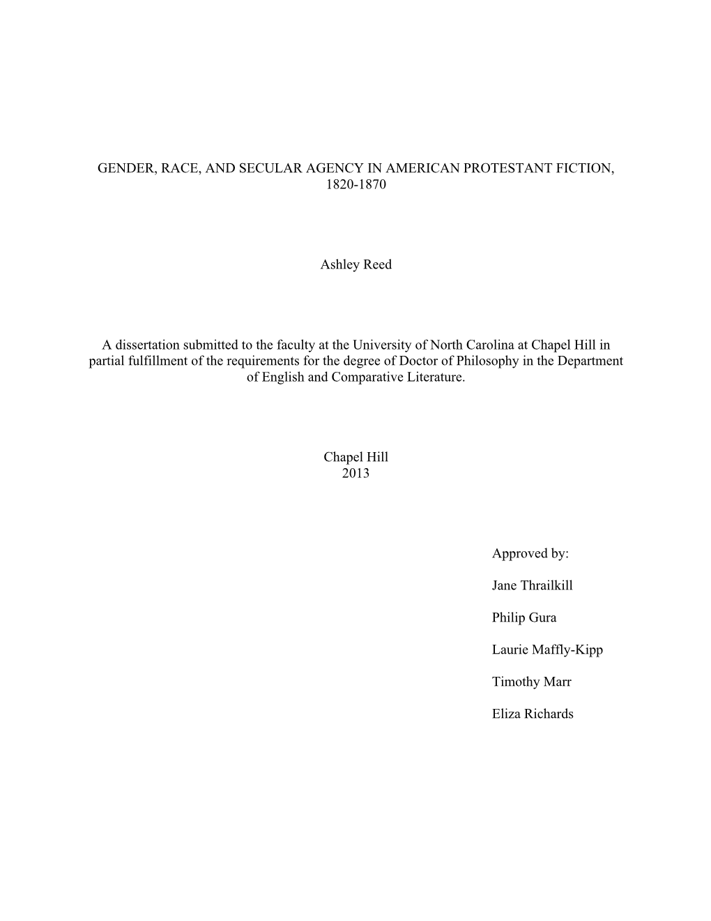 Gender, Race, and Secular Agency in American Protestant Fiction, 1820-1870