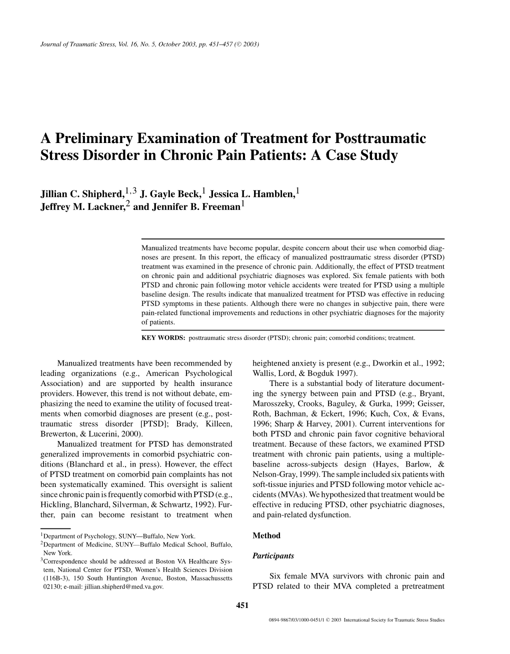 A Preliminary Examination of Treatment for Posttraumatic Stress Disorder in Chronic Pain Patients: a Case Study