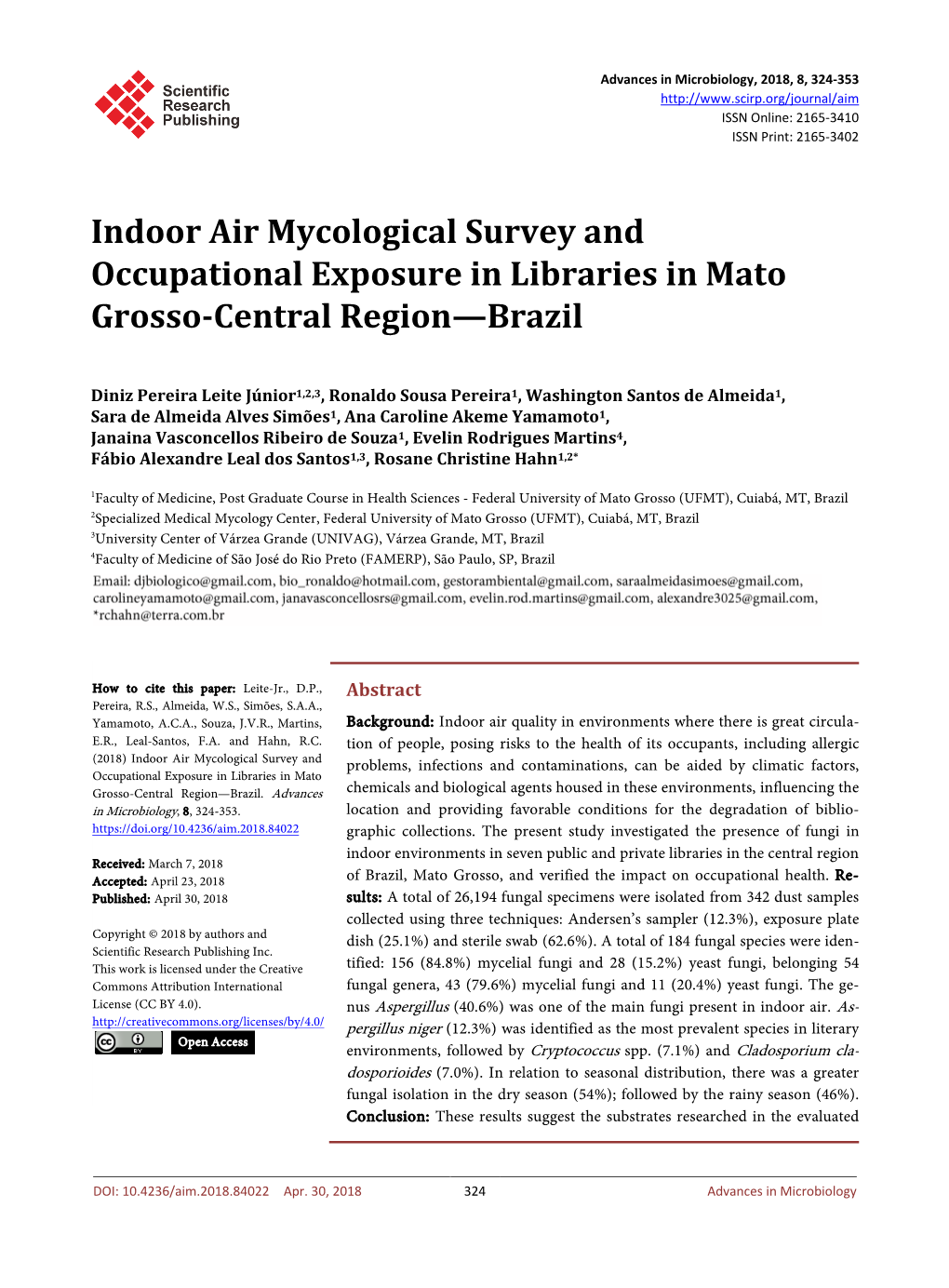 Indoor Air Mycological Survey and Occupational Exposure in Libraries in Mato Grosso-Central Region—Brazil