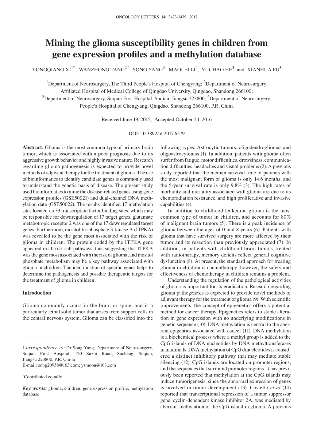 Mining the Glioma Susceptibility Genes in Children from Gene Expression Profiles and a Methylation Database