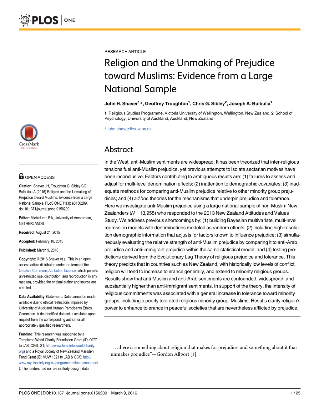 Religion and the Unmaking of Prejudice Toward Muslims: Evidence from a Large National Sample