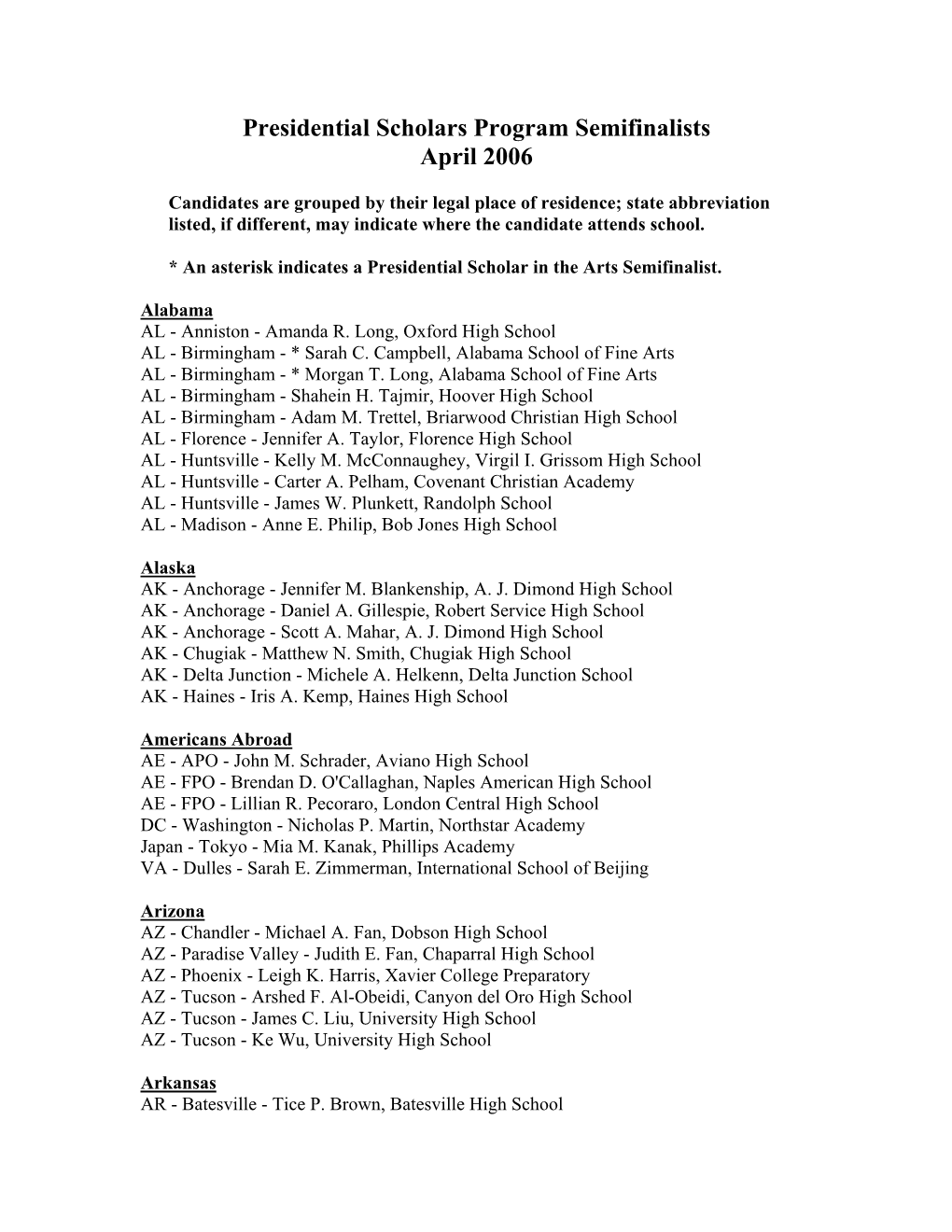 2006 -- Semifinalists for the Presidential Scholars Program (PDF)