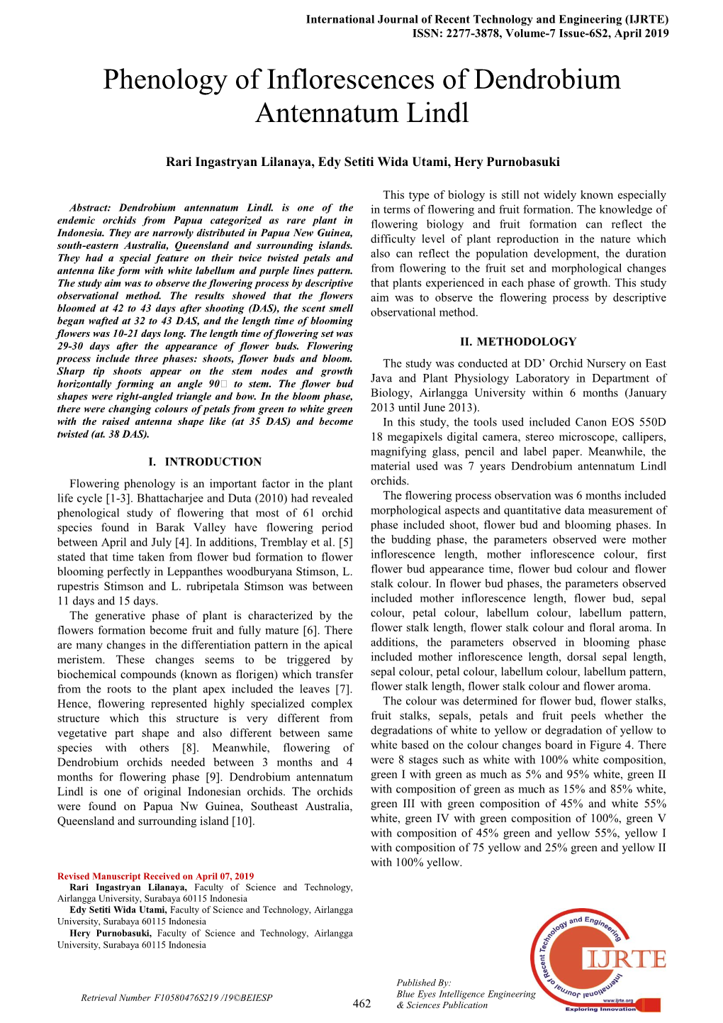 Phenology of Inflorescences of Dendrobium Antennatum Lindl