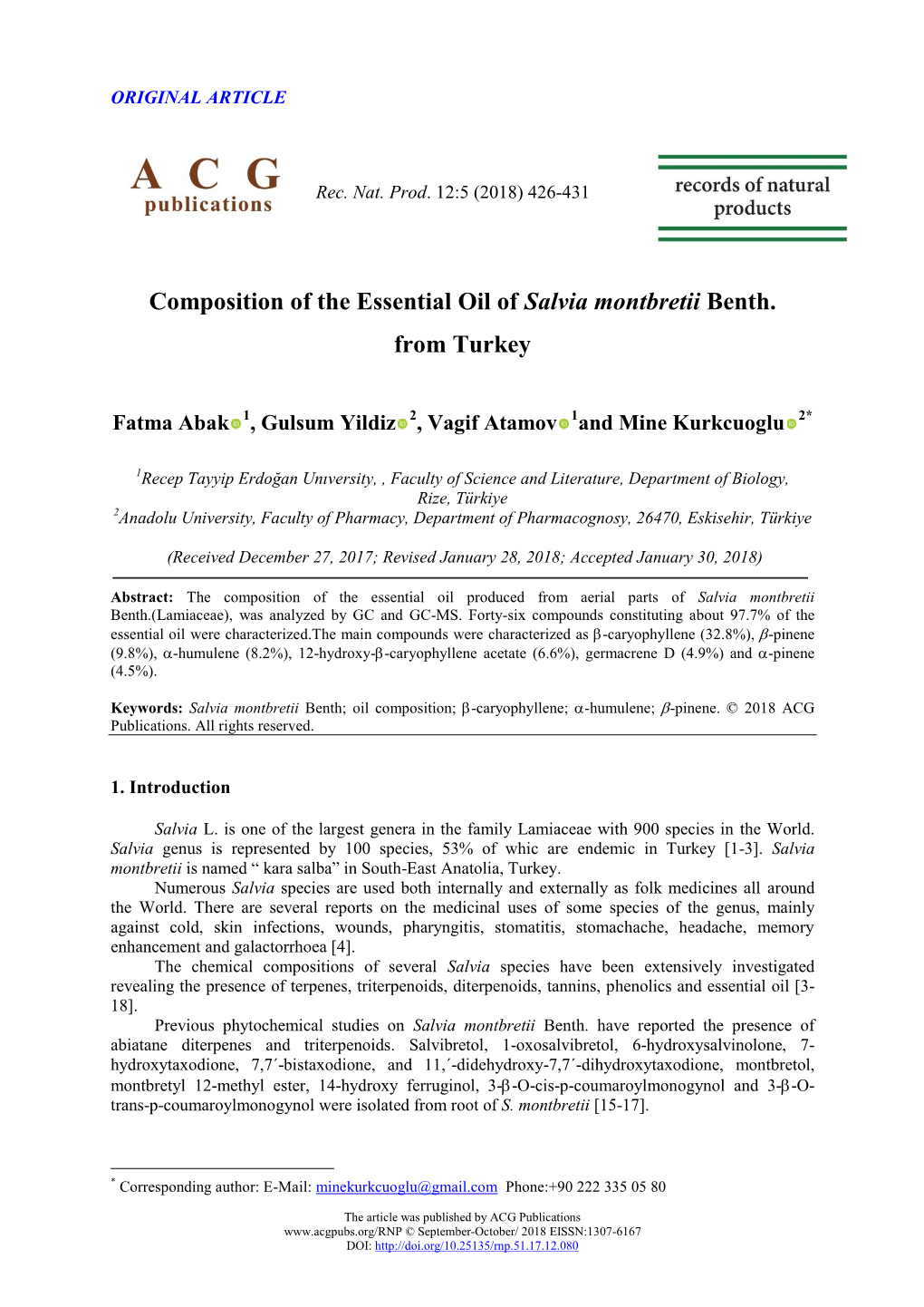 Composition of the Essential Oil of Salvia Montbretii Benth. from Turkey