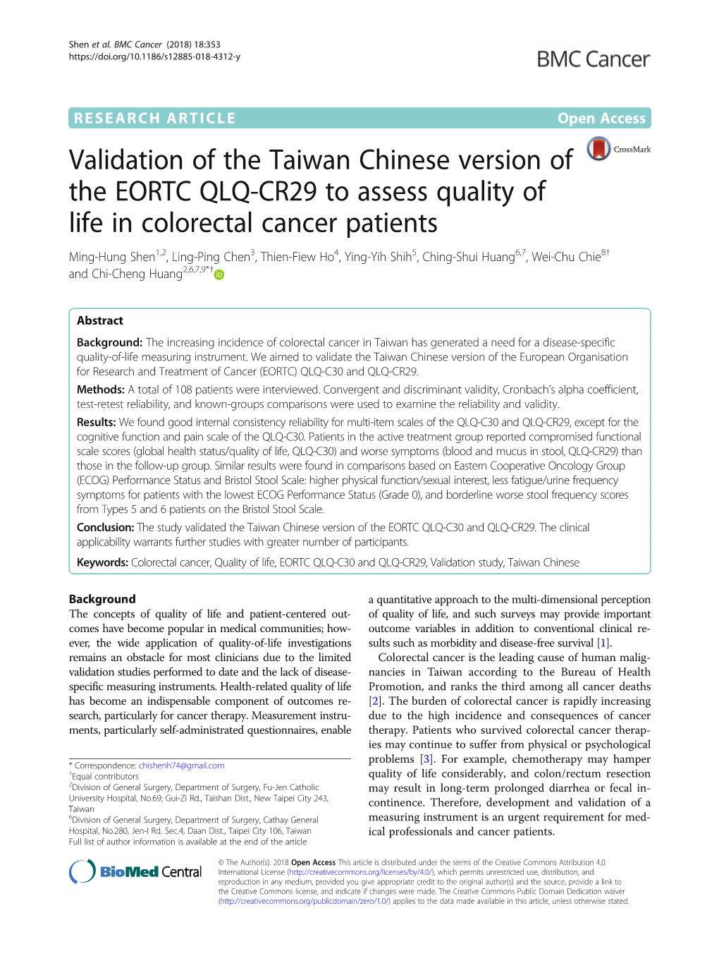 Validation of the Taiwan Chinese Version of the EORTC QLQ-CR29 To