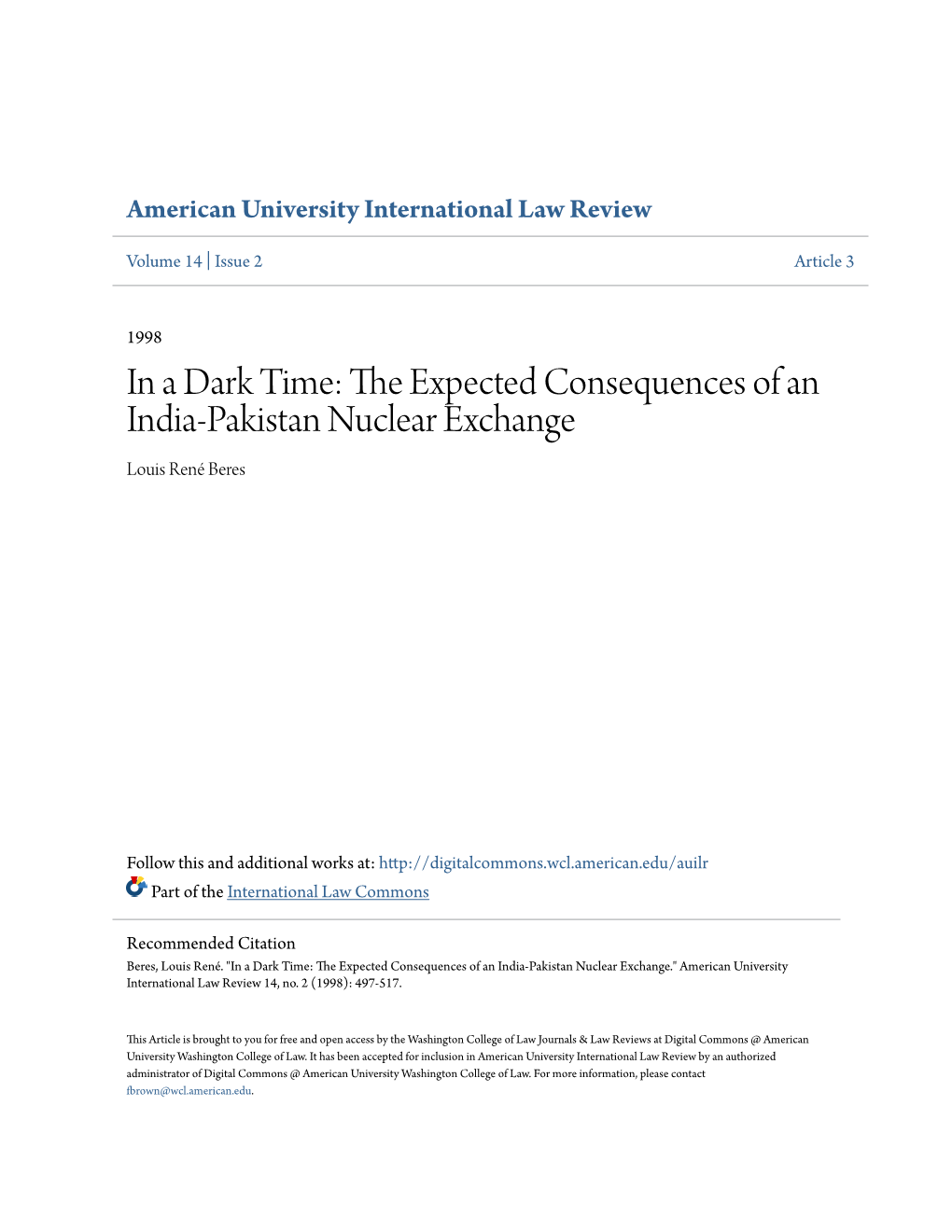 The Expected Consequences of an India-Pakistan Nuclear Exchange Louis René Beres