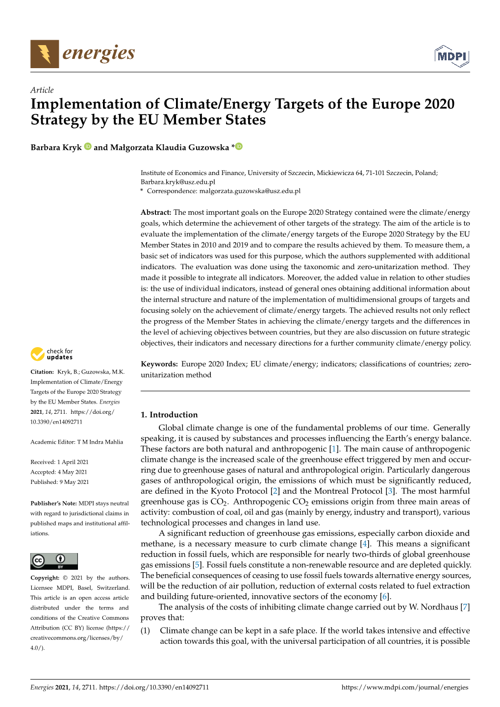 Implementation of Climate/Energy Targets of the Europe 2020 Strategy by the EU Member States
