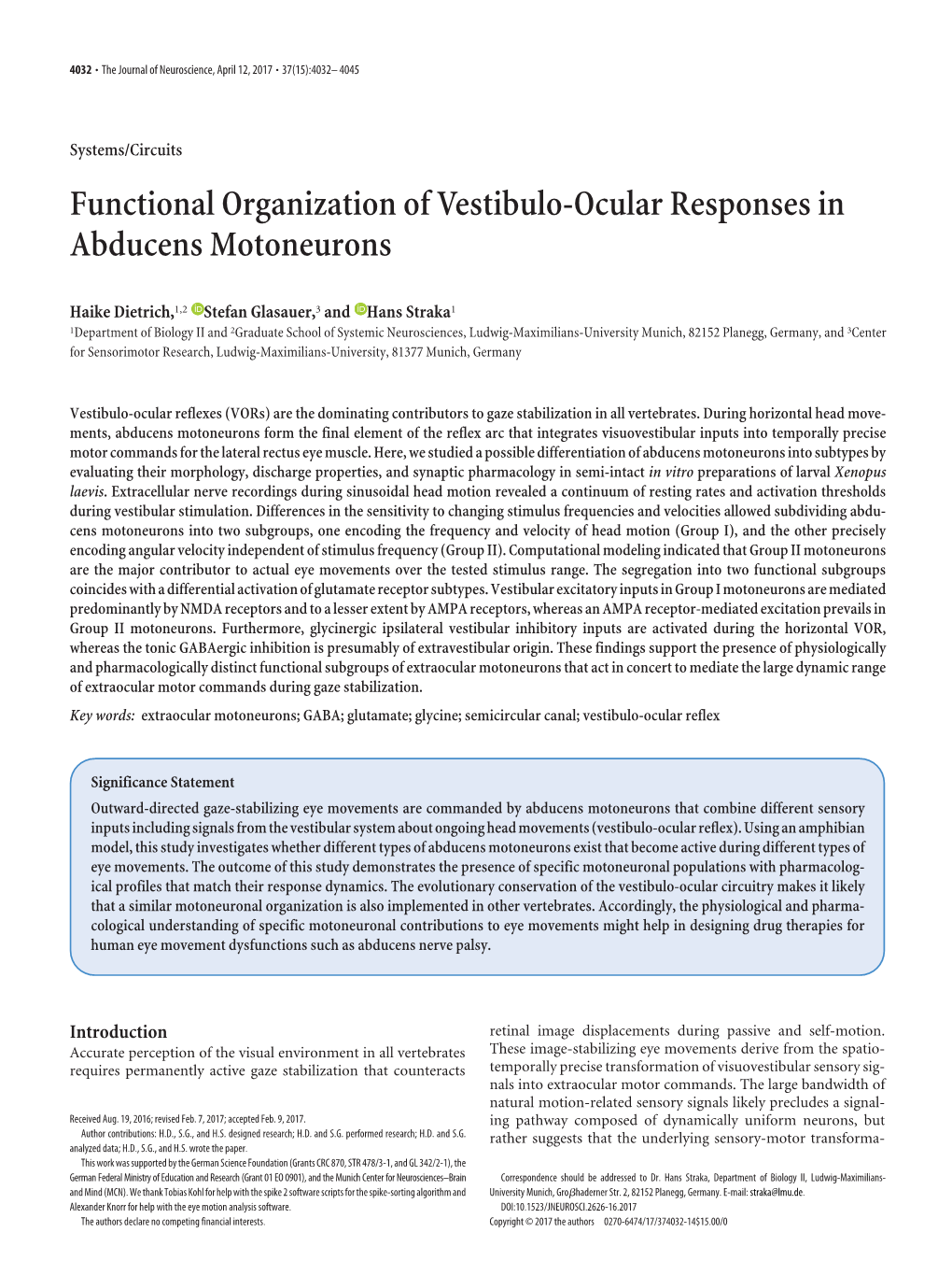 Functional Organization of Vestibulo-Ocular Responses in Abducens Motoneurons