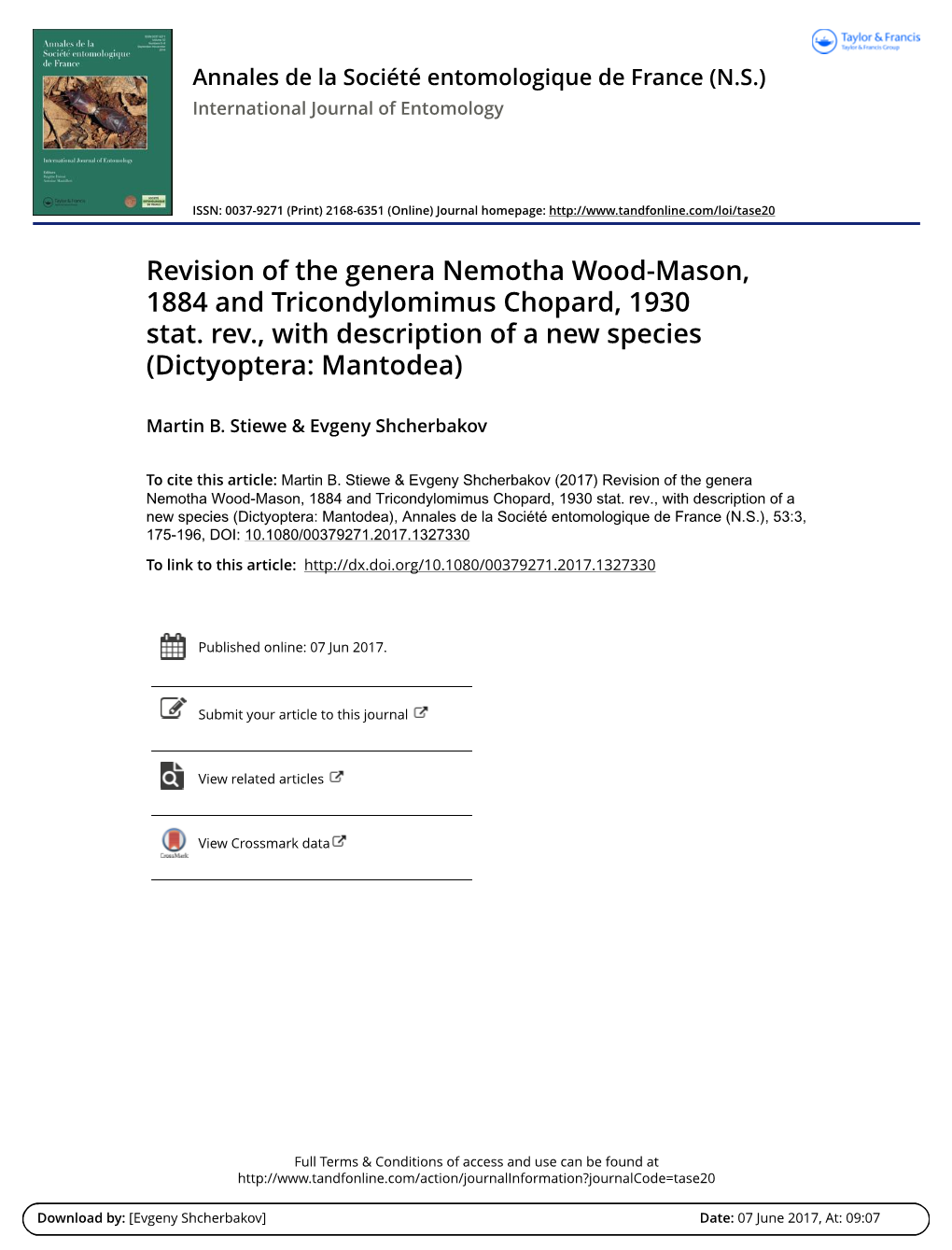 Revision of the Genera Nemotha Wood-Mason, 1884 and Tricondylomimus Chopard, 1930 Stat