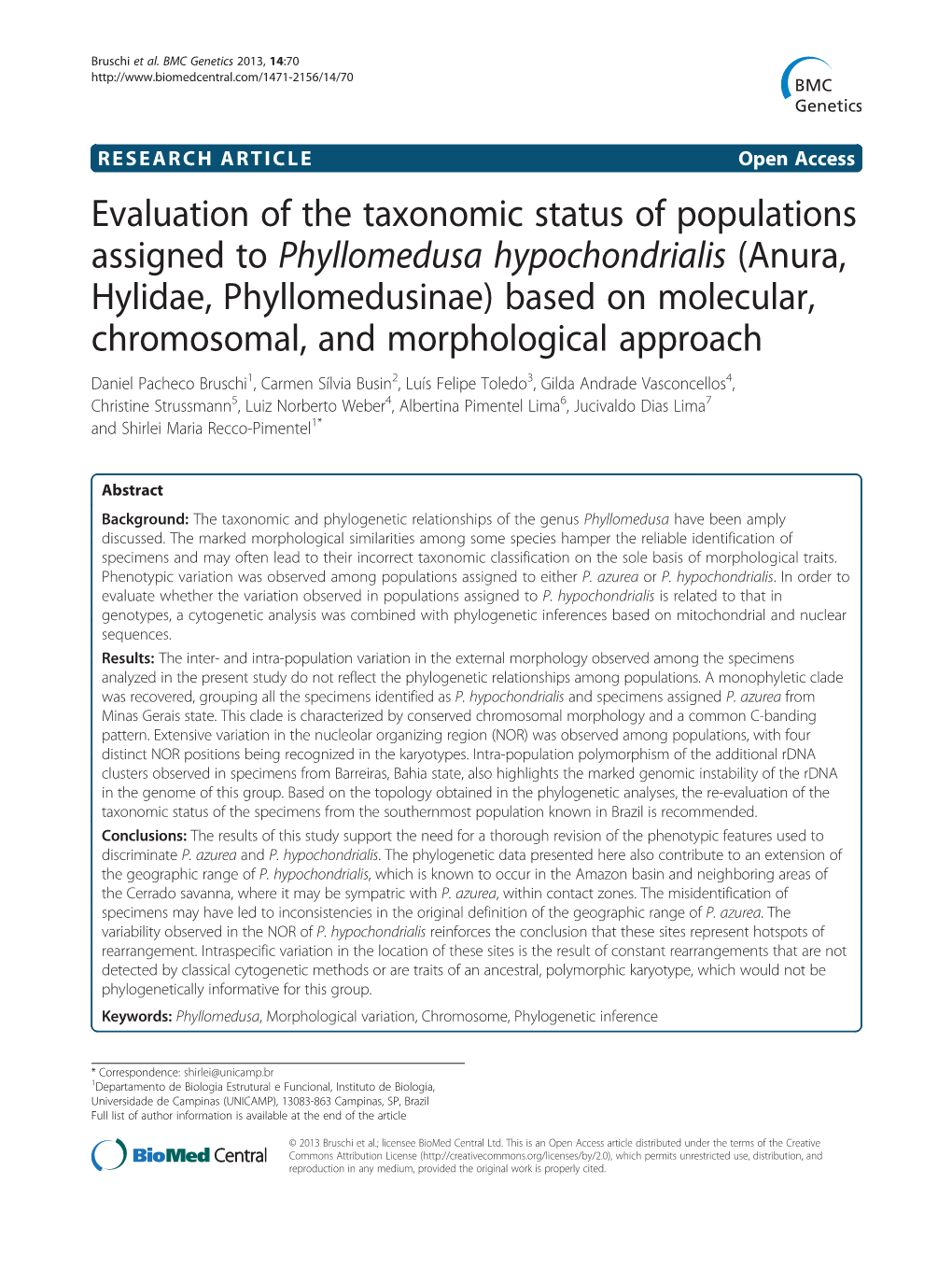 Evaluation of the Taxonomic Status of Populations Assigned to Phyllomedusa Hypochondrialis (Anura, Hylidae, Phyllomedusinae) Based on Molecular, Chromosomal, and Morphological