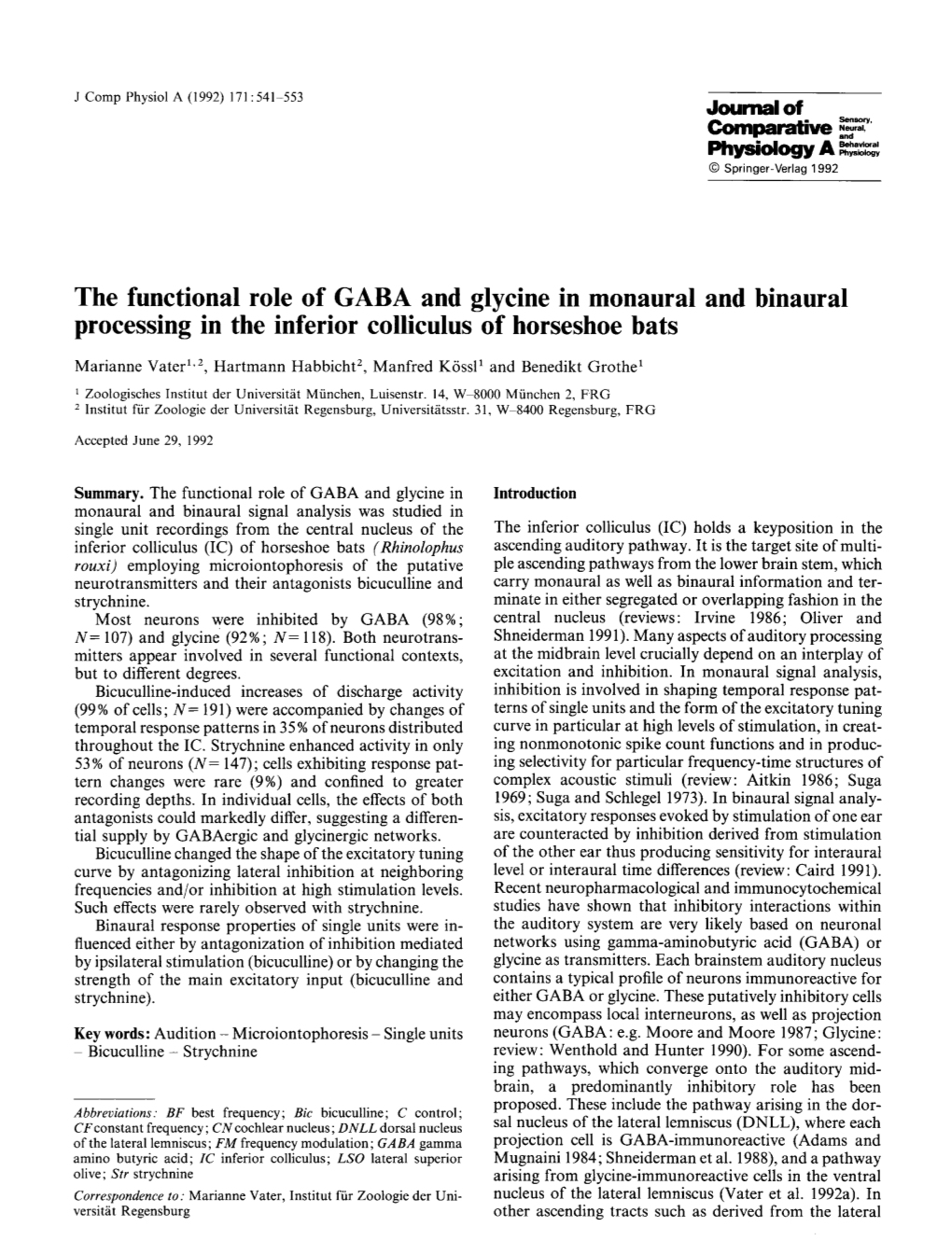 The Functional Role of GABA and Glycine in Monaural and Binaural Processing in the Inferior Colliculus of Horseshoe Bats