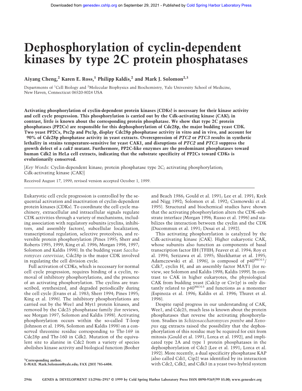 Dephosphorylation of Cyclin-Dependent Kinases by Type 2C Protein Phosphatases