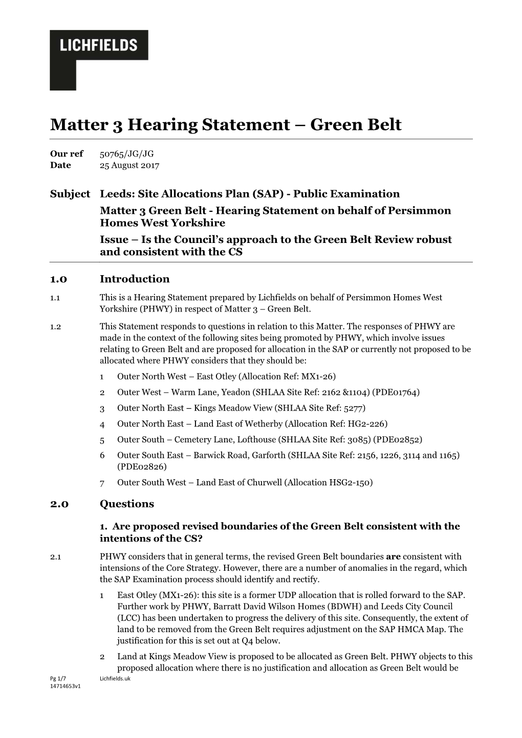 Matter 3 Hearing Statement – Green Belt