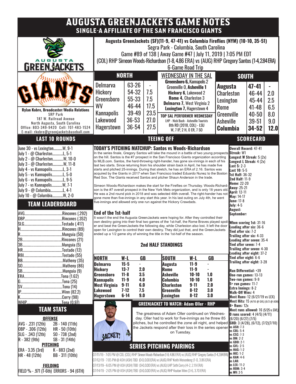 Augusta Greenjackets Game Notes Single-A Affiliate of the San Francisco Giants