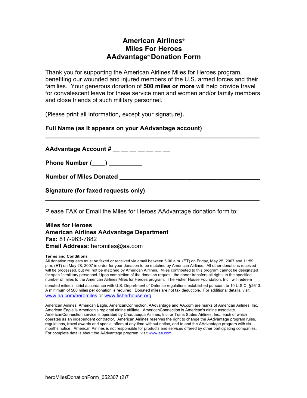 Miles for Heroes Aadvantage® Donation Form