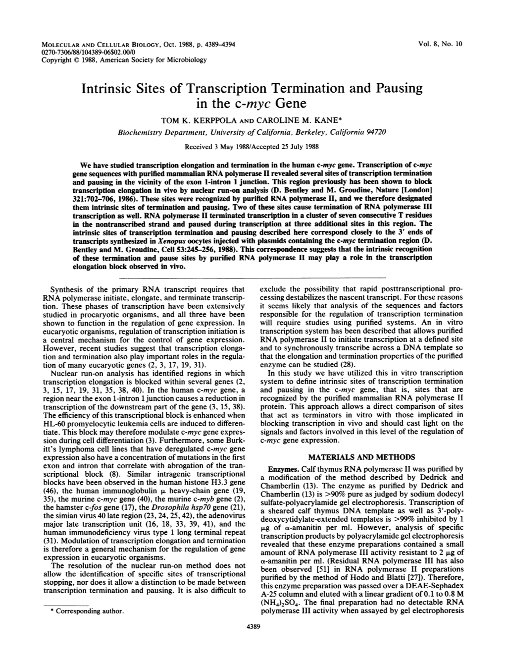 Intrinsic Sites of Transcription Termination and Pausing in the C-Myc Gene TOM K