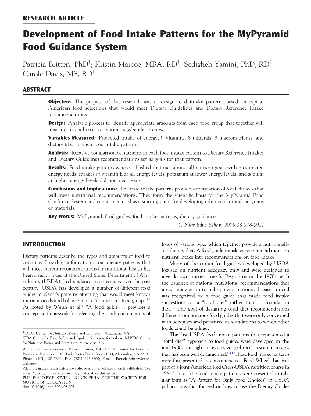 Development of Food Intake Patterns for the Mypyramid Food Guidance System