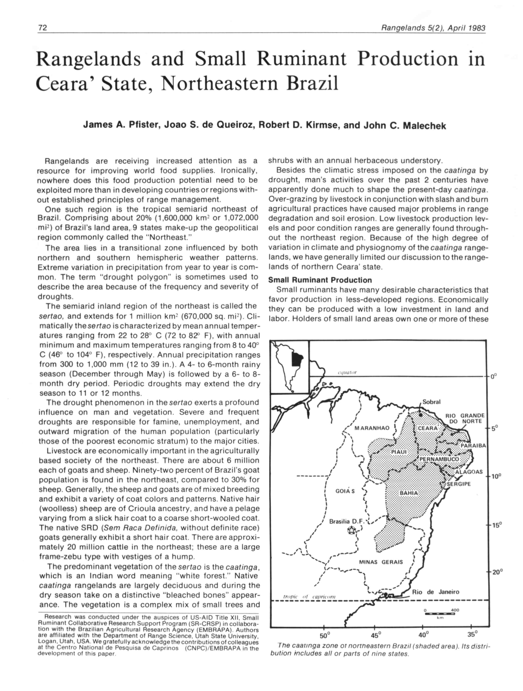 Rangelands and Small Ruminant Production in Ceara' State, Northeastern Brazil