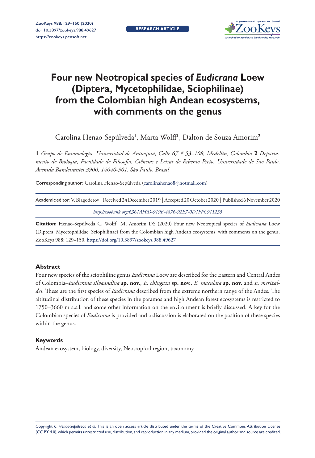 Diptera, Mycetophilidae, Sciophilinae) from the Colombian High Andean Ecosystems, with Comments on the Genus