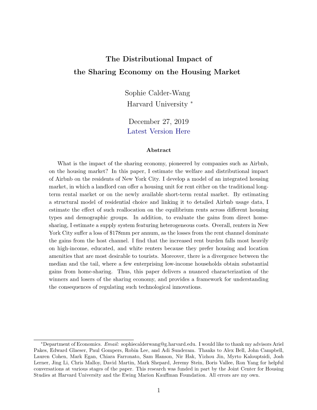 The Distributional Impact of the Sharing Economy on the Housing Market