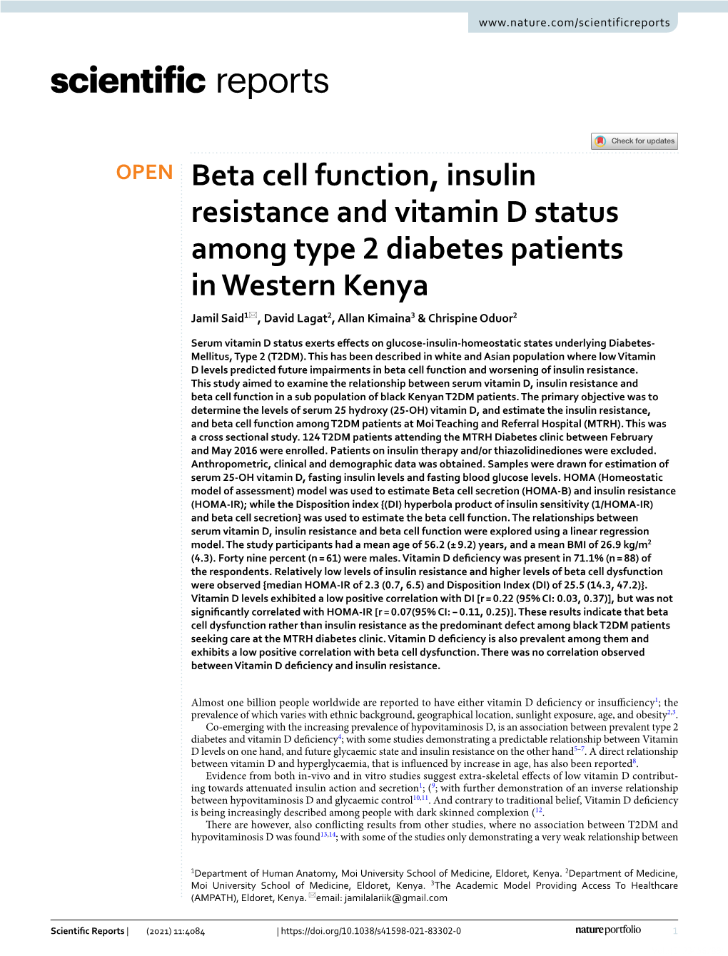 Beta Cell Function, Insulin Resistance and Vitamin D Status Among Type 2